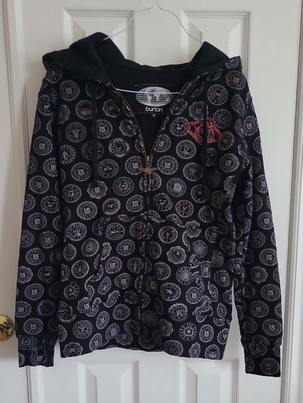 BURTON Sleeper Black Hoodie with Gray Medallion Pattern and Red Logo